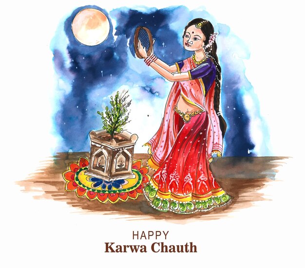 Happy Karwa Chauth Feier Karten Aquarell Design