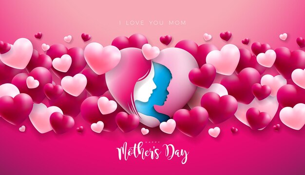 Happy Mother's Day Greeting Card Design mit Frauengesicht und Kindersilhouette in liebevollem Herzen