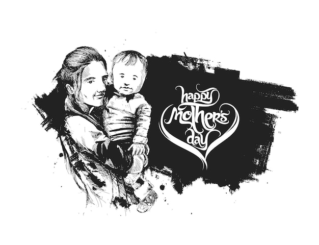 Kostenloser Vektor happy mother's day liebevolle familie mutter und kind sketch design