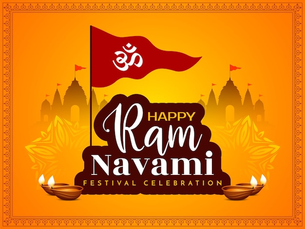 Happy ram navami indischer traditioneller festivalhintergrund mit flaggenvektor