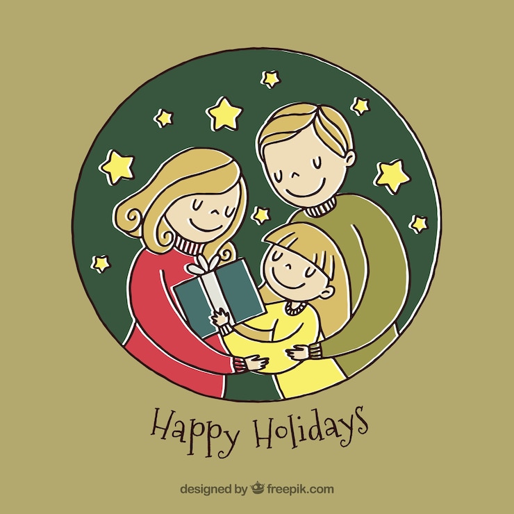 Kostenlose Vektor happy urlaub hintergrund mit weihnachten familienszene
