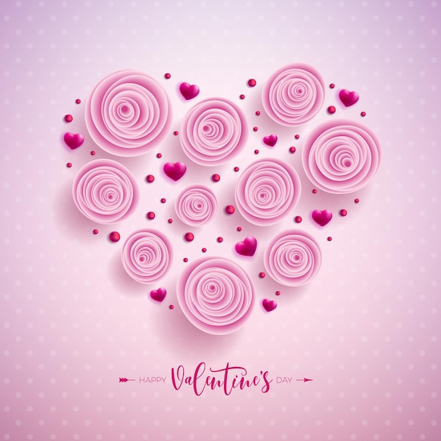 Happy valentines day design mit rose flower in herzform und handschrift typografie brief
