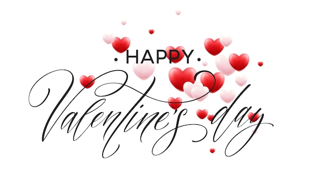 Happy valentines day schriftzug mit roten herzen ballon hintergrund. vektorabbildung eps10