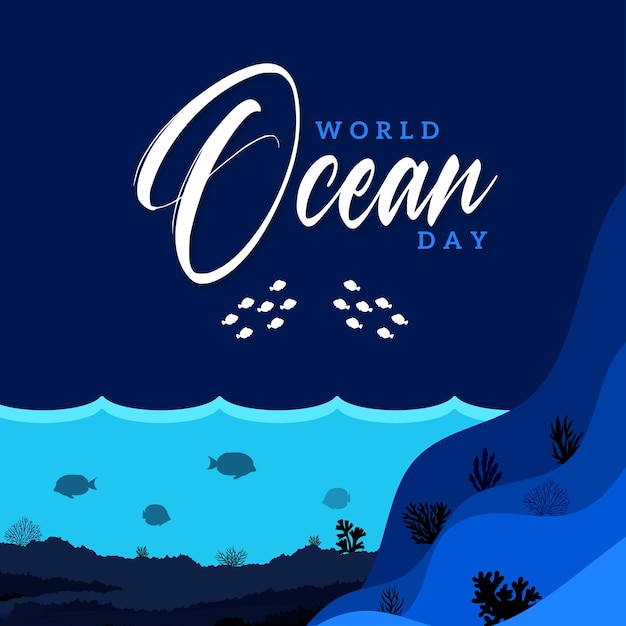 Kostenloser Vektor happy world ocean day blau weiß schwarzer hintergrund social media design banner free vector