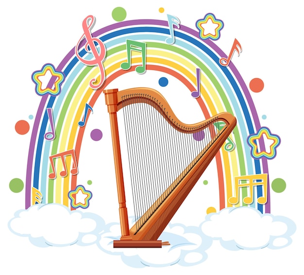 Harfe mit melodiesymbolen auf regenbogen