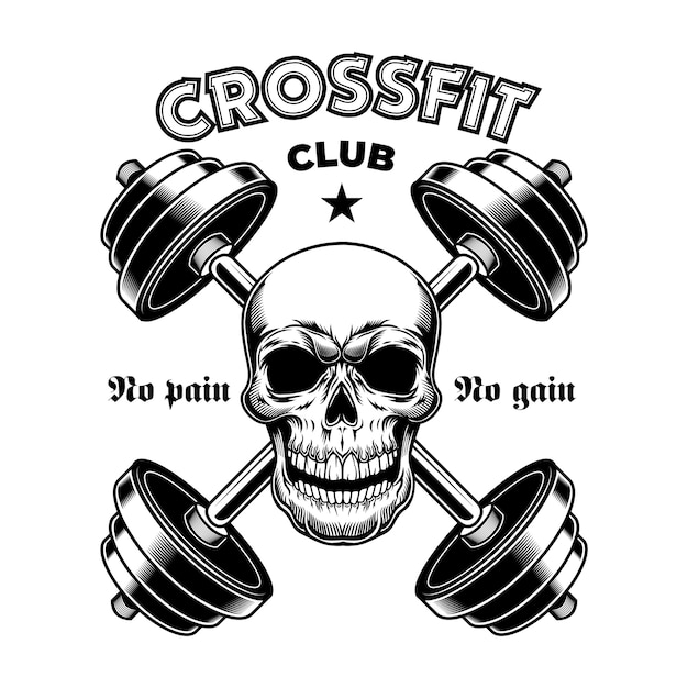 Hartes sportliches Fitnessstudio. Crossfit Vintage Emblem, Bodybuilder Schädel mit Hanteln