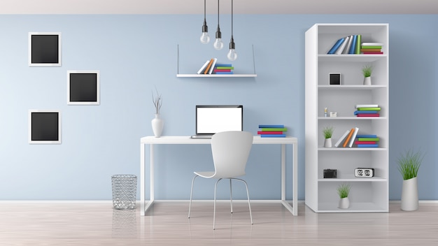 Hauptarbeitsplatz, sonniger, minimalistic Artinnenraum des modernen Büroraumes im Pastell färbt realistischen Vektor mit weißen Möbeln, Laptop auf Schreibtisch, Gestell und Bücherregalen