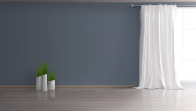 Hauptwohnzimmer, leerer realistischer Hintergrund des Innenraums 3d der Wohnungshalle mit weißem Vorhang auf großem Fenster-, blauem Wand-, Parkett- oder Laminatboden, Gruppe Blumentöpfen mit Grünpflanzeillustration