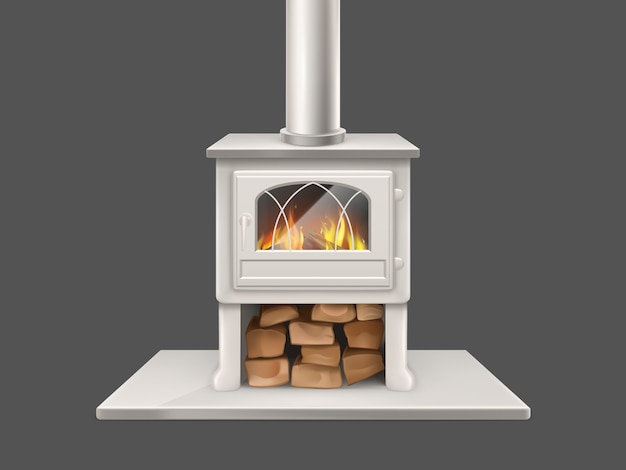 Hauskamin mit Feuerstelle aus weißem, metallischem oder Marmor und Kaminrohr