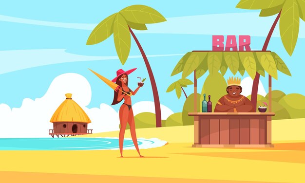 Hawaii-Strandbar-Komposition mit schönem Mädchen trinkt Cocktail und Barkeeper sitzt an der Theke