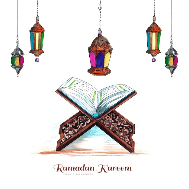 Heiliges buch des korans auf dem stand mit arabischen lampen ramadan kareem kartenhintergrund