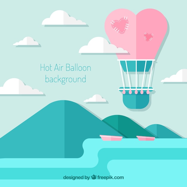 Kostenloser Vektor heißluft steigt hintergrund im himmel mit wolken im ballon auf