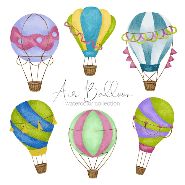 Kostenloser Vektor heißluftballon-designs in verschiedenen aquarellstilen für grafikdesigner zur verwendung für websites, einladungskarten, hochzeiten, glückwünsche, geburtstage, feiern, stoffdruck und publikationen