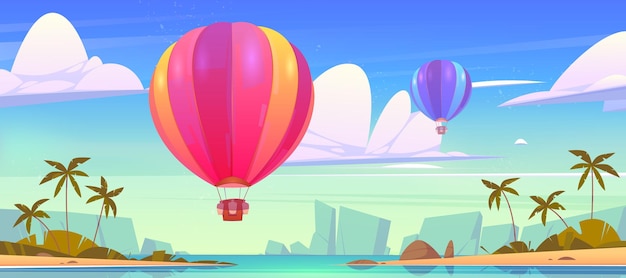 Heißluftballons fliegen in den himmel über der tropischen insel mit palmen im ozean. landschaftslandschaftshintergrund mit aerostat mit korb- und sandsäcken extreme flugreisen, karikaturvektorillustration