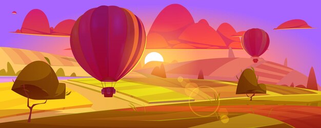 Heißluftballons fliegen über Feld oder Tal in lila Himmel mit roten Wolken. Schöne Landschaftsansicht des Sonnenuntergangs, Ballon mit Korbflugreisen, Lufttourismus, Karikaturvektorillustration