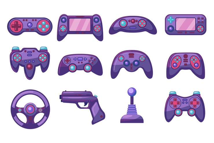Kostenlose Vektor helle bunte computer joysticks flache bilder eingestellt