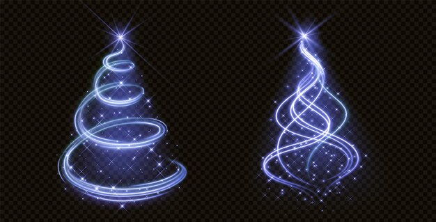 Kostenloser Vektor heller weihnachtsbaum mit blauem glitzer und glitzer. abstrakte weihnachtsvektor-dekoration mit blauem glitzer auf transparentem, abstraktem, schwarzem hintergrund. isoliertes feensymbol der wintersaison für neujahrsgrußkarte
