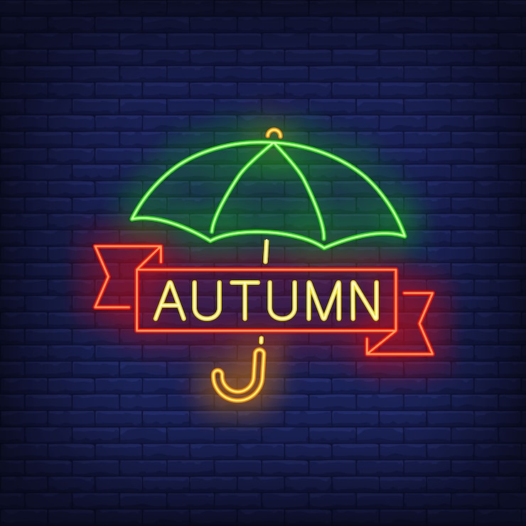 Kostenlose Vektor herbst neon schriftzug mit regenschirm