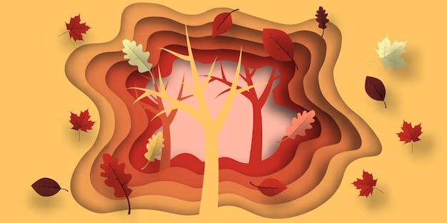 Herbst-Scherenschnitt mit Blättern und Baum Abstrakter Hintergrund mit Formen in gelb, orange, lila Farben Design für die Dekoration Business-Präsentation Poster Drucke Vektor