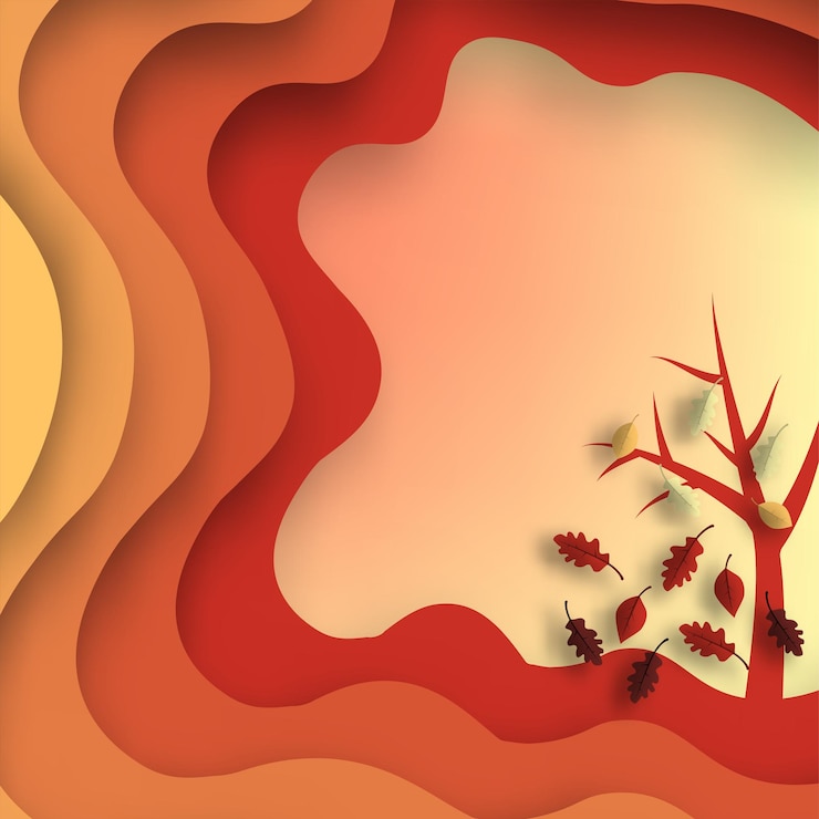 Kostenlose Vektor herbst-scherenschnitt mit blättern und baum abstrakter hintergrund mit formen in gelb, orange, lila farben design für die dekoration business-präsentation poster drucke vektor