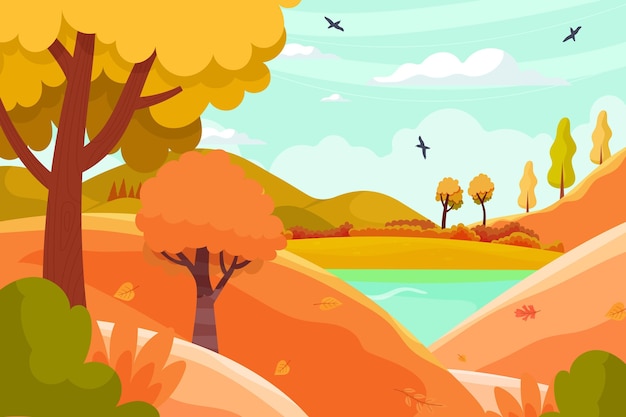 Herbstansicht des flachen Designs mit See