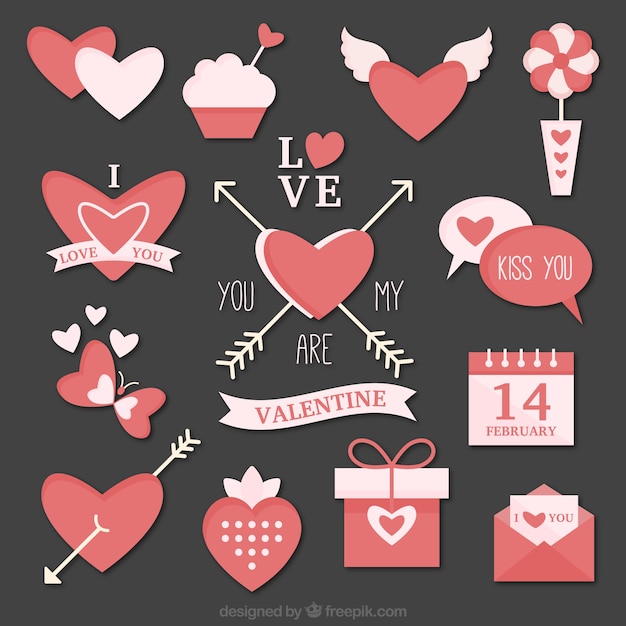 Herzen und valentinsgrußelemente packen