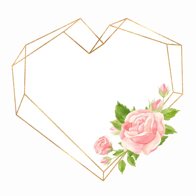 Herzrahmen mit rosa rosen und goldenem geometrischem rahmen floral