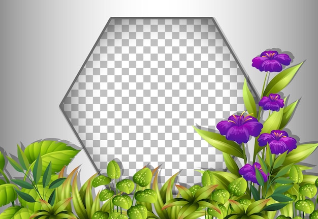 Kostenloser Vektor hexagonrahmen transparent mit lila blumen und blättern vorlage