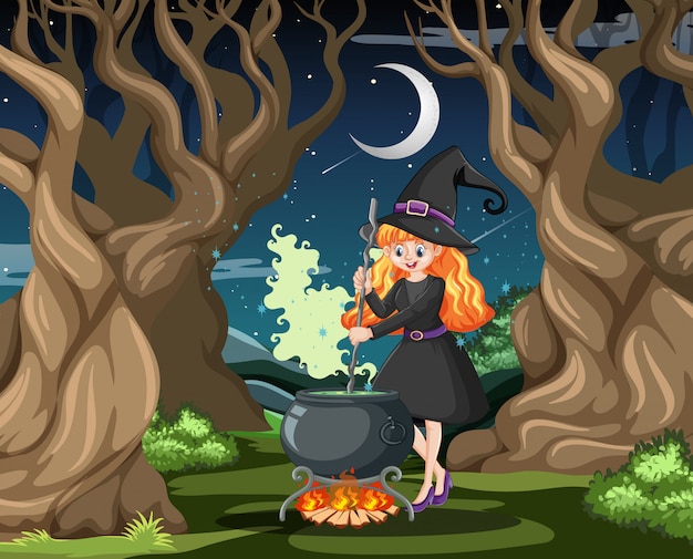 Hexe mit schwarzem magischem Topfkarikaturstil auf dunklem Waldhintergrund