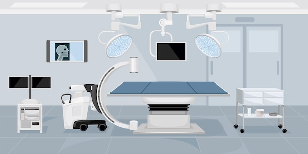 High-Tech-medizinischer Operationssaal, ausgestattet mit fortschrittlichen Bildgebungsgeräten, flache Hintergrundvektorillustration