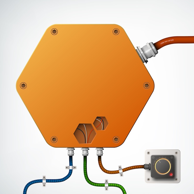 Kostenlose Vektor hightech-industriebox als sechseck aus orangefarbenem objekt mit verschiedenen realistischen technischen drähten auf dem grau isoliert