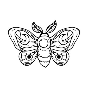 Himmlische motte mit halbmond mystischer schmetterling handgezeichnete illustration