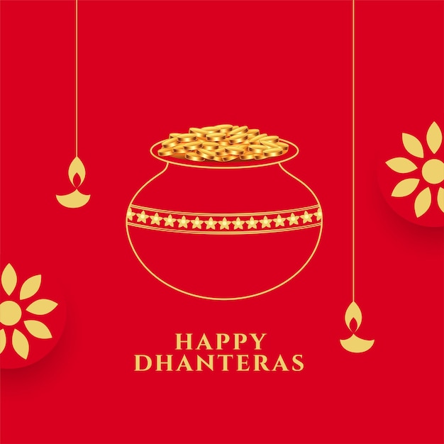 Hinduistisches festival happy dhanteras wünscht hintergrund mit goldenem topfvektor im linienstil