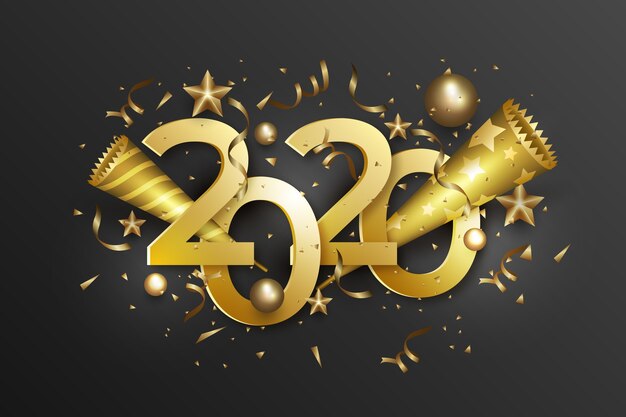 Hintergrund 2020 des neuen Jahres mit realistischer goldener Dekoration