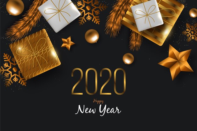 Hintergrund 2020 des neuen Jahres mit realistischer goldener Dekoration