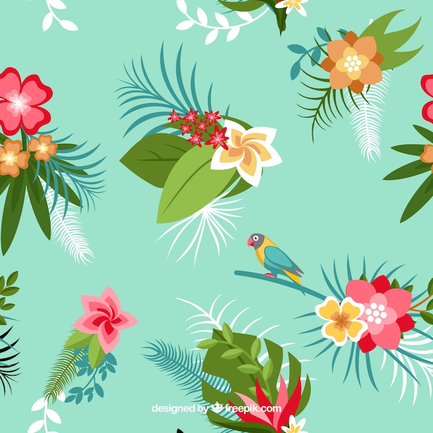 Hintergrund der tropischen Blumen und Papagei