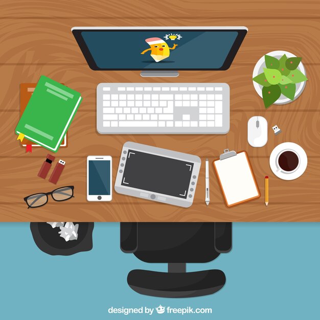 Hintergrund des Grafikdesign-Arbeitsraums mit Schreibtisch und Werkzeugen