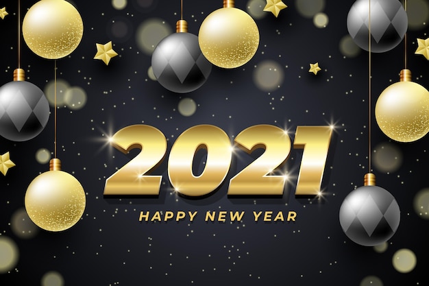 Hintergrund des neuen Jahres 2021 mit realistischer goldener Dekoration