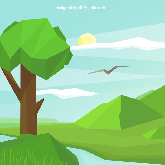 Hintergrund Landschaft mit Fluss und Baum in polygonalen Stil