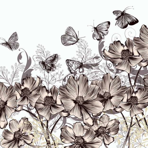 Hintergrund mit Blumen und Schmetterlingen