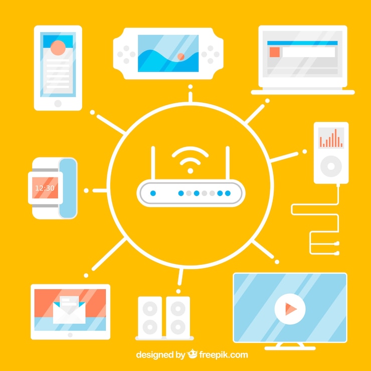 Kostenlose Vektor hintergrund mit router umgeben von elektronischen geräten