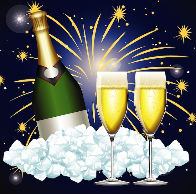 Hintergrund mit zwei Gläsern Champagner und Feuerwerk