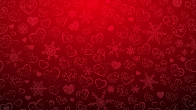 Hintergrund von schneeflocken und herzen mit verzierung von locken, in roten farben