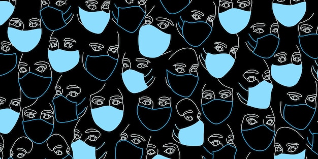 Hintergrund weiblicher gesichter in medizinischen schutzmasken, die mit einer durchgehenden linie gezeichnet sind. minimalistische abstrakte porträts von schönen frauen. modernes modekonzept. in hellblauen farben auf schwarz