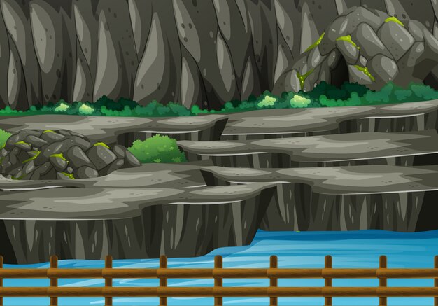 Hintergrundszene des Parks mit Höhle und Fluss