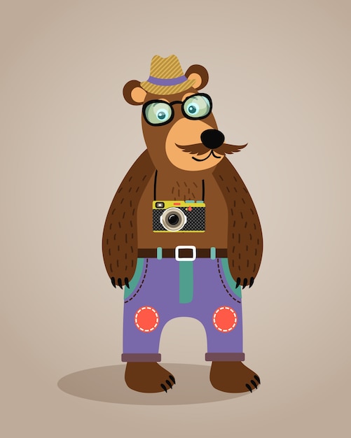 Kostenloser Vektor hipster geek tier teddybär mit brille schnurrbart und kamera vektor-illustration