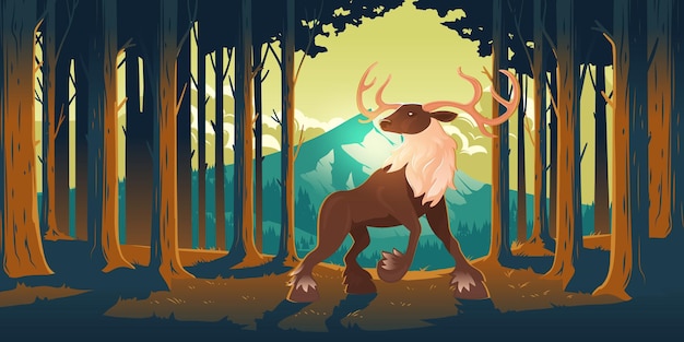 Hirsche im wald, wildes tier, schöner hirsch mit geweih auf naturhintergrund mit bäumen und berggipfel. holzlandschaft mit majestätischer rentier-märchenfigur, cartoon-vektor-illustration