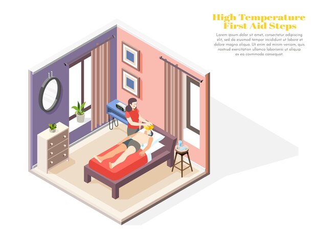 Hochtemperaturkonzept mit Erste-Hilfe-Schritten Symbole isometrische Darstellung