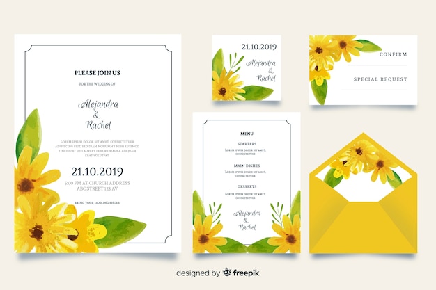Hochzeits-Briefpapierschablone des Aquarells gelbe