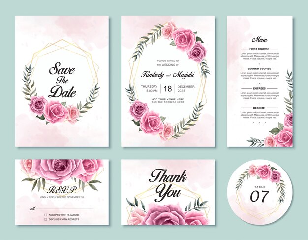 Hochzeits Einladungs Karten Schablonen Set Mit Schonen Aquarell Rosen Blumen Premium Vektor